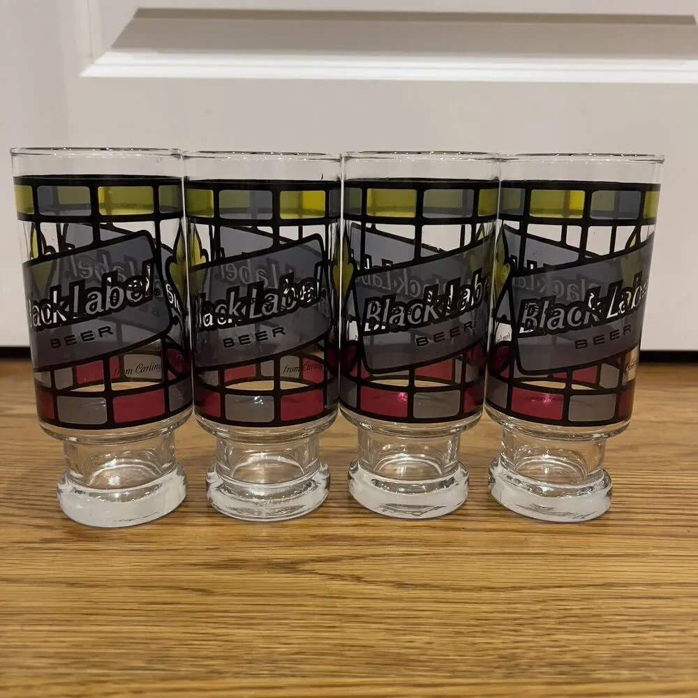 Anchor Hocking Stained Glass Beer Tumbler Black Label‎ Vintage Set Of 4